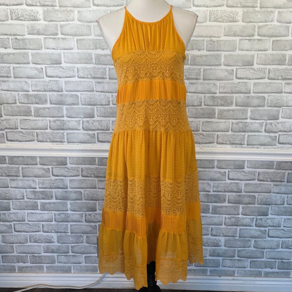 Anthropologie HD In Paris Villanelle Yellow Lace Midi Dress Retro Romantic S